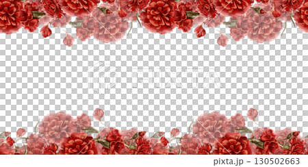 Seamless border of red carnation flower as a symbol of the Portuguese revolution on April 25, 1974,symbol of freedom from totalitarian regime in the state Isolated Watercolor clipart in vintage style 130502663