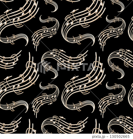 Seamless pattern of music stand with stylized beige-colored notes in a winding composition as a symbol of a song played from a turntable.Hand drawn watercolor illustration on black background 130502665