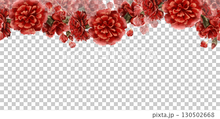 Seamless border of red carnation flower as a symbol of mothers day,love,passion,valentine's day confessions.Isolated watercolor hand-drawn illustration in vintage style as element for card,banner 130502668