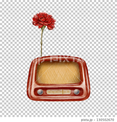 Symbol of Portuguese revolution-vintage red radio with red carnation instead of an antenna,nostalgic mid-century design.Retro tech art with knobs,dials and antique aesthetics.Watercolor illustration 130502670