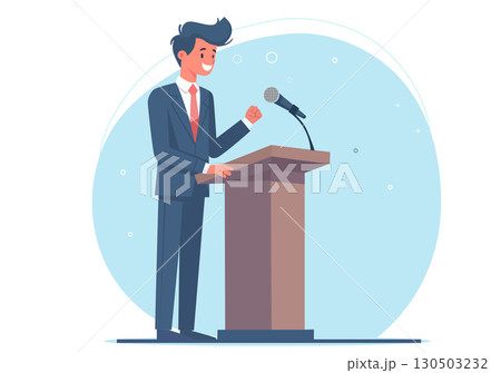 Flat illustration of a man in a suit standing and speaking on a stage at a podium. Flat illustration of a man in a suit standing and speaking on a stage at a podium. 130503232