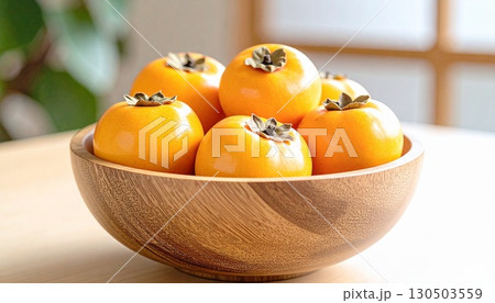 オレンジ色に輝く柿が並ぶ美しい果実皿 オレンジ色に輝く柿が並ぶ美しい果実皿 130503559