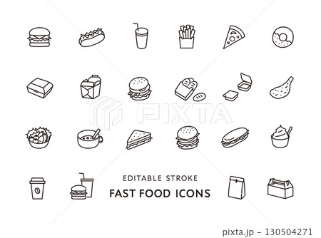 ファストフードにまつわるアイコンセット（モノクロ） 130504271