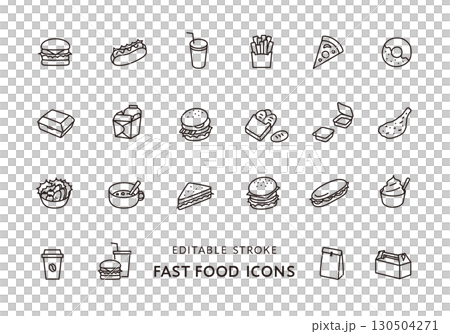 ファストフードにまつわるアイコンセット（モノクロ） 130504271
