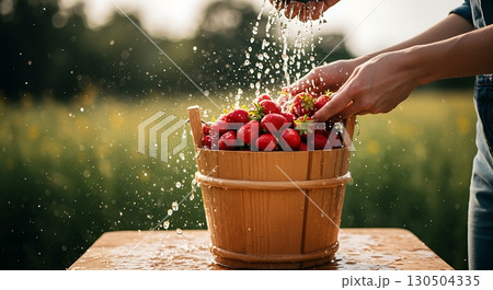 Refreshing Strawberries Being Washed in Wooden Bucket on Sunny Summer Day variation 2	 130504335