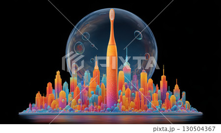 Electric toothbrush cityscape with colorful bubbles and glowing 130504367
