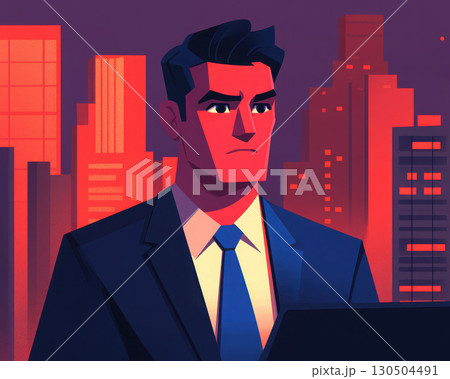 Professional man working on laptop in a stylized urban setting. 130504491