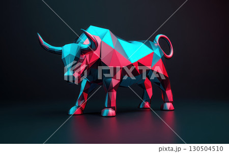 A vibrant, geometric bull sculpture in 3D art style. 130504510