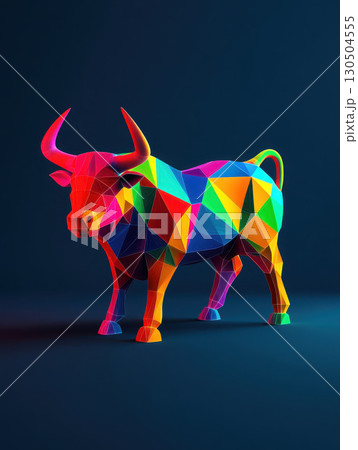 A colorful, geometric bull sculpture showcasing vibrant shapes. 130504555