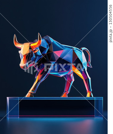 A vibrant, geometric bull sculpture illustrating modern design. 130504556