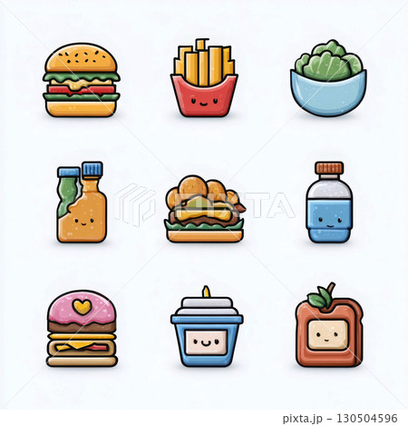 Cute food icons including burger, fries, and drinks 130504596