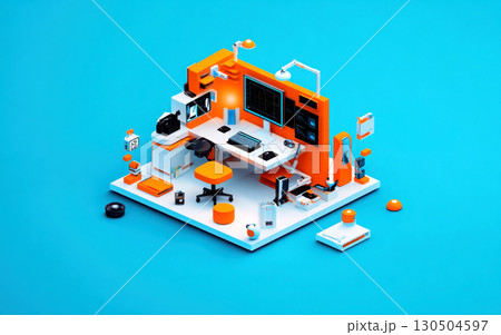 Modern workspace design with vibrant orange accents and gadgets. 130504597