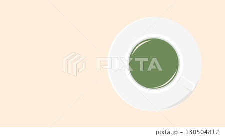 ティーカップ皿の俯瞰イラスト　くすみ緑色　緑茶　円フレーム枠シンプル　余白　ベクターpng透明　背景 130504812