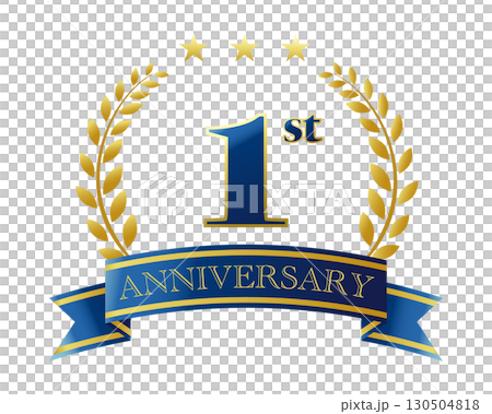 一周年紀念圖標。藍色絲帶和裝飾邊框。 130504818