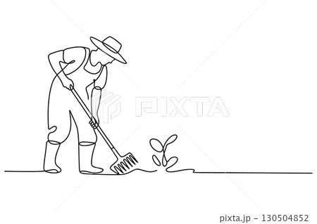 A Continuous Line Drawing of a Farmer Digging the Soil and a Plant Sprouting 130504852