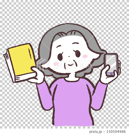 Illustration of a senior woman holding a book and a smartphone 130504986