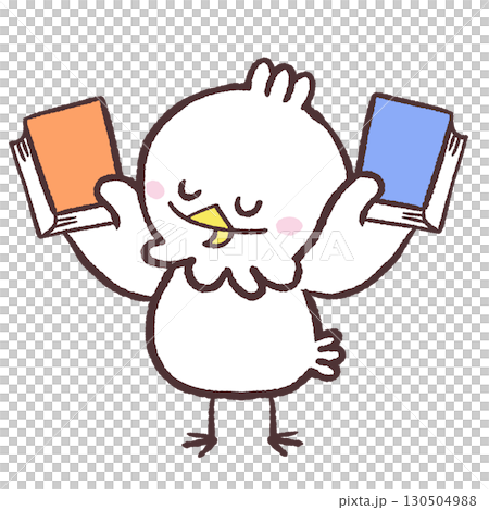 Illustration of a talking white bird holding a book in each hand 130504988