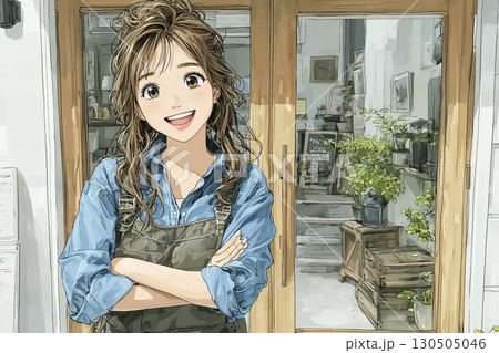 美容院スタッフが店の前に笑顔で立っているシーン 130505046