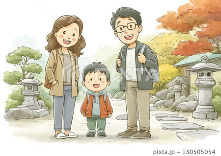 旅館の庭で写真を撮る家族3人  130505054
