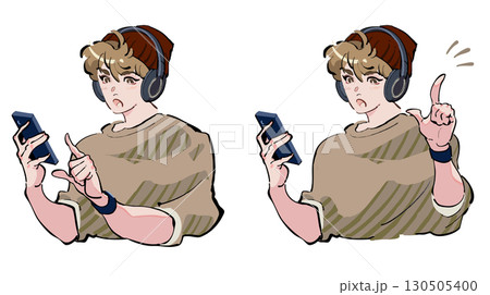 ヘッドフォンで音楽を聴きながらスマホを見ている男性  何かを見つけ指を立てているアイコンセット 130505400