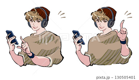 ヘッドフォンで音楽を聴きながらスマホを見ている男性 こちらを見て微笑んでいるアイコンイラストセット  130505401