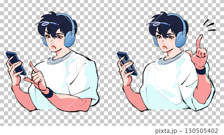 A man listening to music with headphones and looking at his smartphone. Icon set of a man finding something and pointing up 130505402