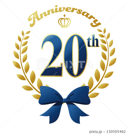 二十周年記念のアイコン。青いリボンと装飾フレーム。 130505462