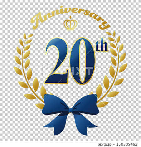 二十周年記念のアイコン。青いリボンと装飾フレーム。 130505462