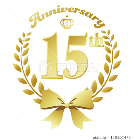 十五周年記念のアイコン。金のリボンと装飾フレーム。 130505476