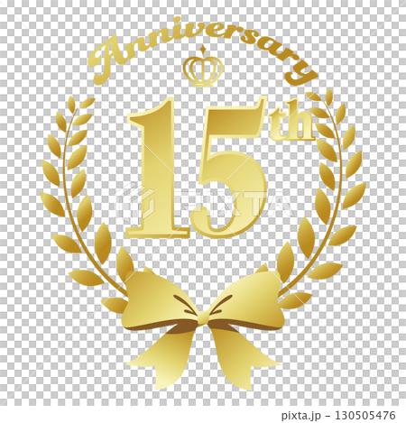 十五周年記念のアイコン。金のリボンと装飾フレーム。 130505476