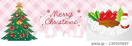 バナー　広告　クリスマス　ケーキ　ツリー　サンタ　街並み　シルエット　フレーム　背景　イラスト 130505697