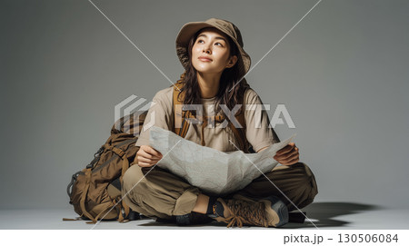 地図を見る登山スタイルの女性｜アウトドアと冒険を感じるライフスタイルイメージ 130506084