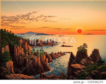 夕焼けの日本海　東尋坊　イラスト 130506235