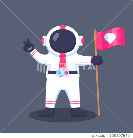 Cute Cartoon Astronaut with Love Flag and Peace Sign 130507670