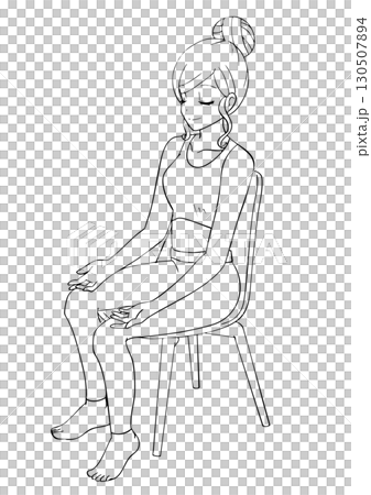 黑白插圖：一位女士坐在椅子上，手掌向上冥想 130507894