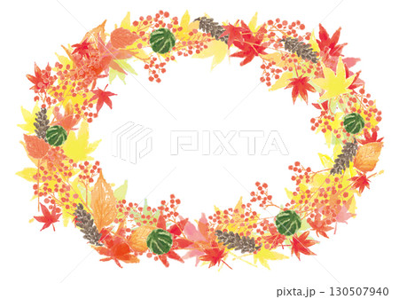 水彩風の紅葉、秋葉っぱのリース01 130507940