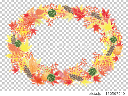 水彩風の紅葉、秋葉っぱのリース01 130507940