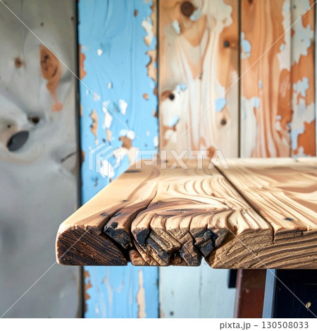 Close Up Of Varnished Wooden Table Against Blue Distressed Planks in Rustic Woodshop Close Up Of Varnished Wooden Table Against Blue Distressed Planks in Rustic Woodshop 130508033