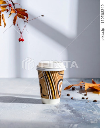 Hot Beverage in Paper Cup with Autumn Leaves and White Background 130508249
