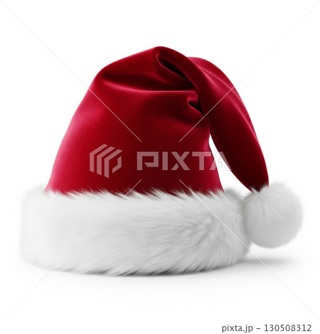 Red Velvet Santa Hat with White Fur Trim on White Background 130508312