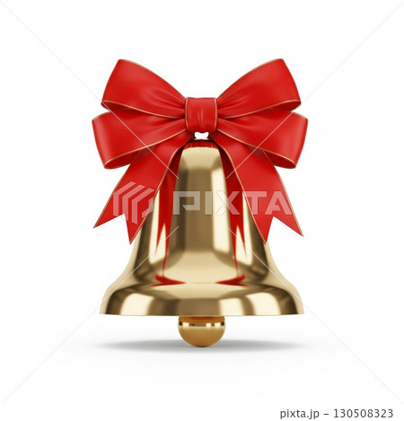 Golden Jingle Bell Ornament Topped with a Red Bow on White Background Golden Jingle Bell Ornament Topped with a Red Bow on White Background 130508323
