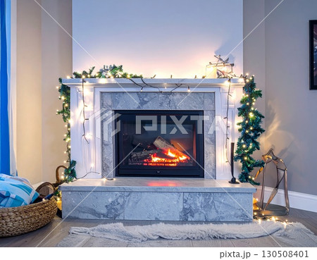 Cozy Fireplace with Flickering Flames Garland and Small Christmas Tree Decoration Cozy Fireplace with Flickering Flames Garland and Small Christmas Tree Decoration 130508401