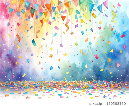 Festive Watercolor Confetti and Pennant Banner Against Colorful Background Art 130508550