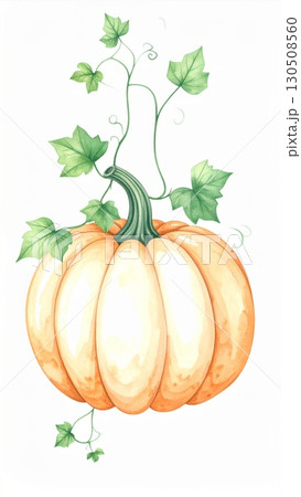 Watercolor Orange Pumpkin with Green Vines Isolated on White Background 130508560