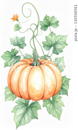 Watercolor Illustration of Orange Pumpkin with Green Leaves and Vines on White Background 130508561