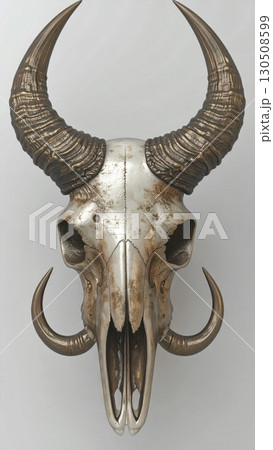 Detailed Animal Skull with Long Horns on White Background Still Life Trophy Detailed Animal Skull with Long Horns on White Background Still Life Trophy 130508599