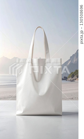 Elegant White Canvas Tote Bag Mockup on Beach Scenery with Mountains and Blue Sky Background 130508696