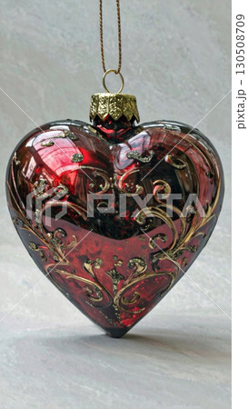 Elegant Red Heart Ornament with Gold Accents on Neutral Background 130508709
