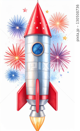 Cartoon Rocket Ship with Stars and Fireworks on White Background 130508736