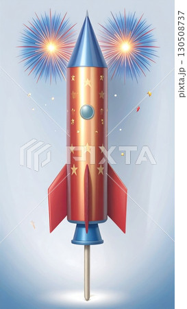 Patriotic Rocket against Light Blue Backdrop with Sparkling Fireworks and Golden Star Decorations 130508737